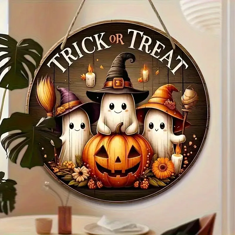 2D Flat - 2D Wooden Halloween Sign Saying 'Trick Or Treat' - A Minimalist Autumn Harvest Decoration Featuring Cute Ghosts, Pumpk