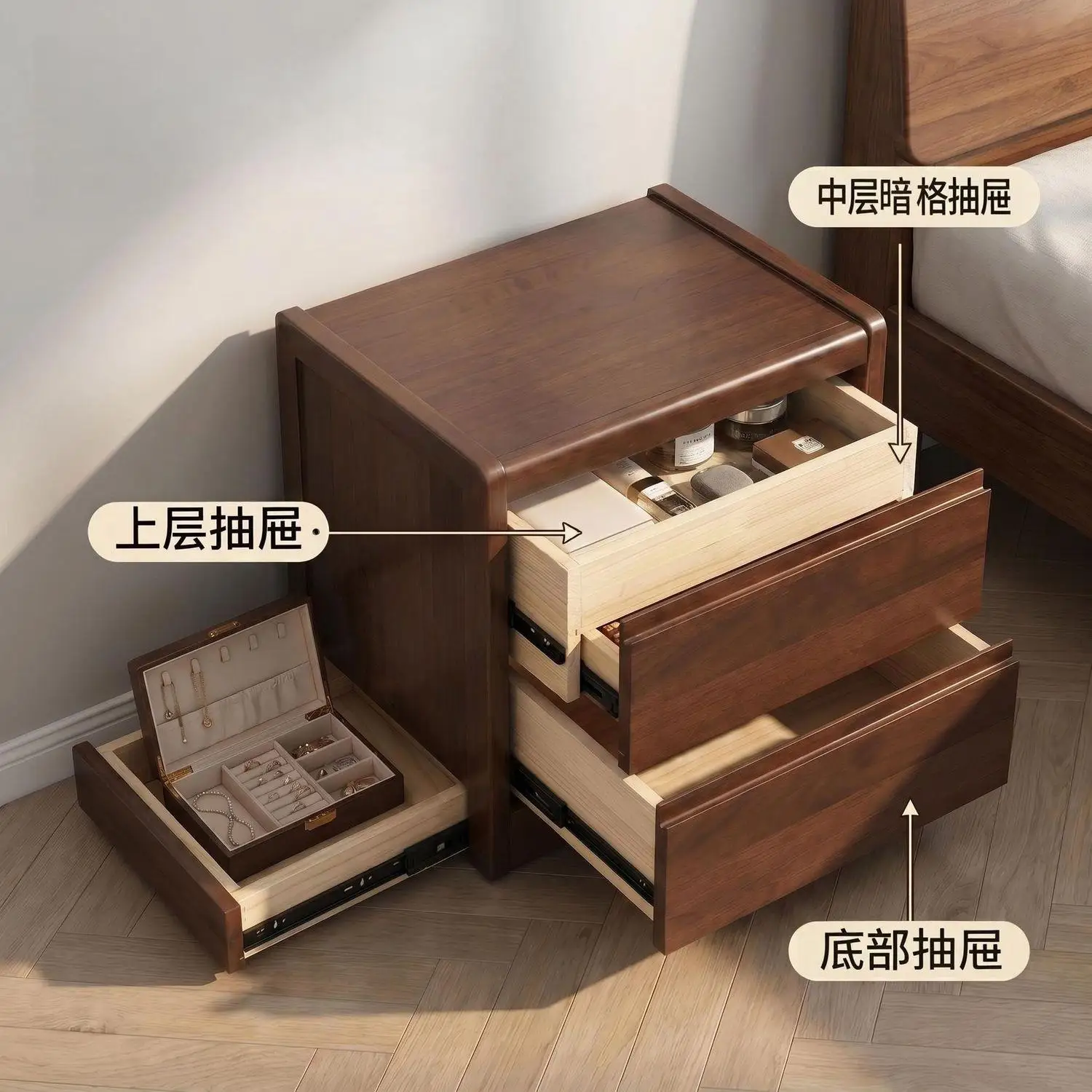 Concealed bedside table Protects important items All solid wood with dark layer Hidden organ Household anti-theft