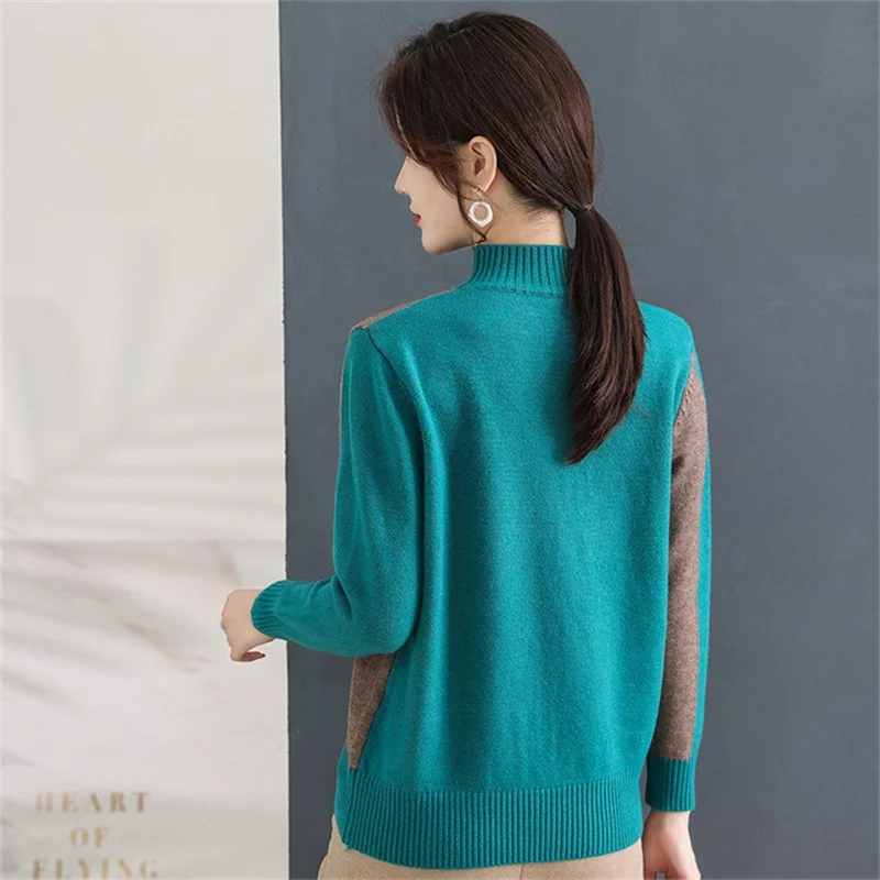 

Knitted Sweater Women Pullover New Autumn Winter Half Turtleneck Contrast Knitted Long Sleeve Top Female Jumper Bottom Shirt