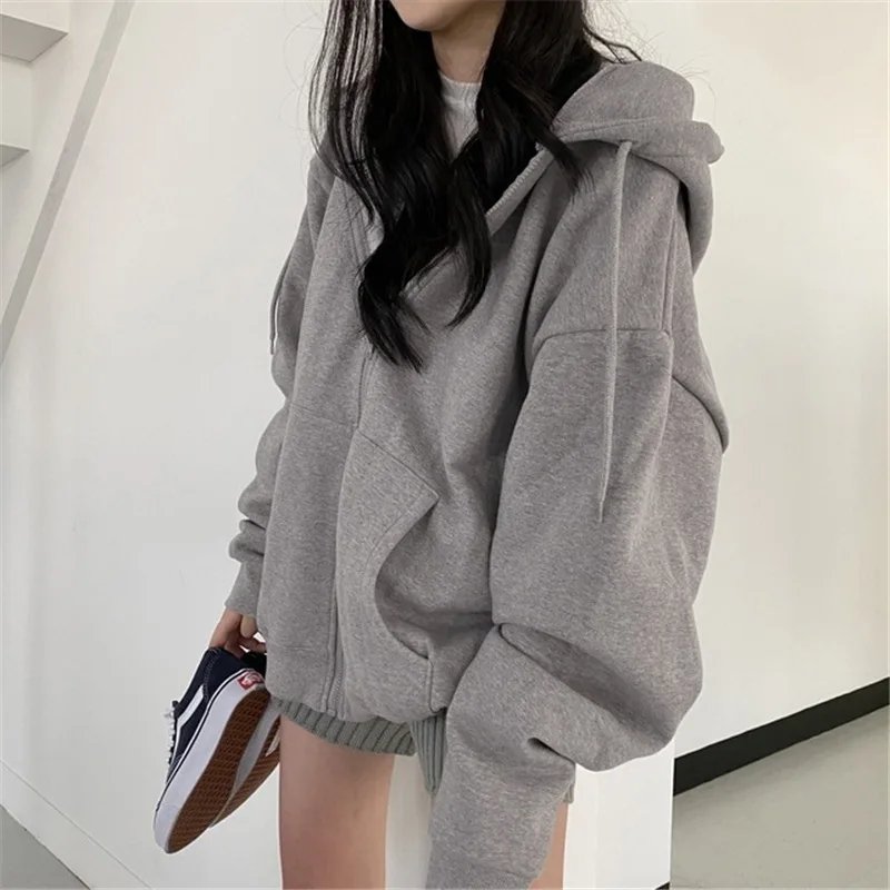 Korean Fashion Zip Up Hoodies Women Autumn Winter Loose Long Sleeve Tops Hood Shirt Solid Streetwear Casual Fleece Sweatshirt