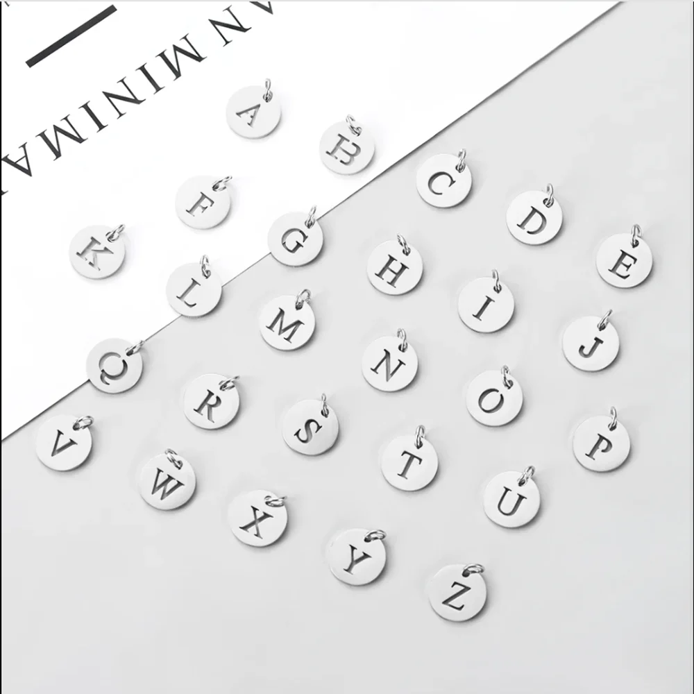 10pcs/lot Stainless Steel Round Cut Out Alphabet Charms DIY Initials From A-Z Alphabets Pendant Jewelry Making Accessories 12mm