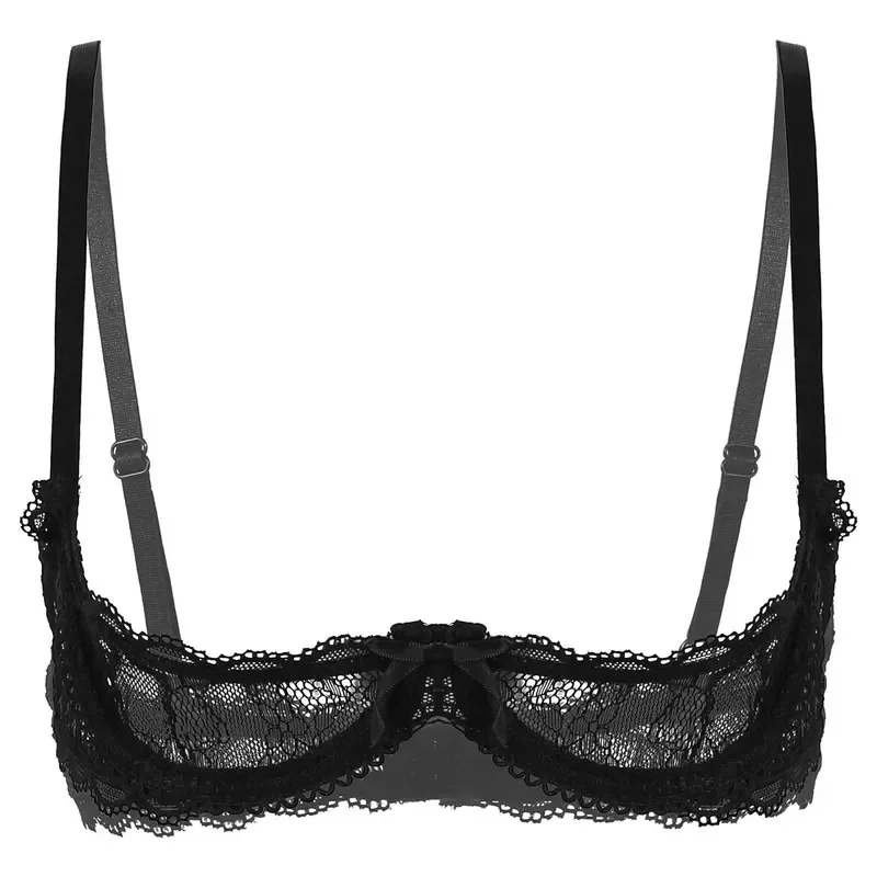 

Womens Sheer Lace Bra Tops Lingerie 1/4 Cups Bare Exposed Breast Underwire Push Up Adjustable Spaghetti Straps Bralette Tops