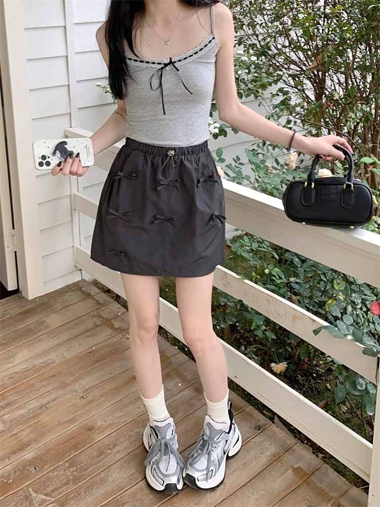 

Women's Skirt Retro Design Versatile Elastic Waist A-line Short Skirt Bow Decoration
