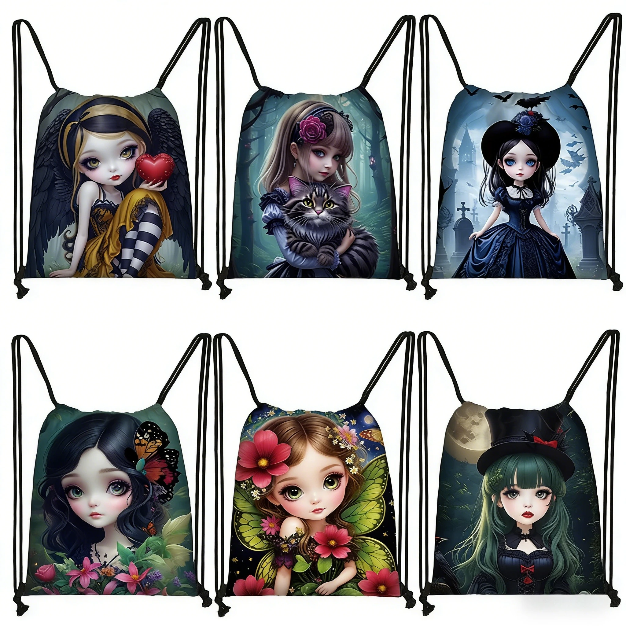 Cartoon Gothic Big Eyes Vampire Girl With Bat Wings Drawstring Backpack Water Resistant Outdoor Storage Bag PortableTravel Sack