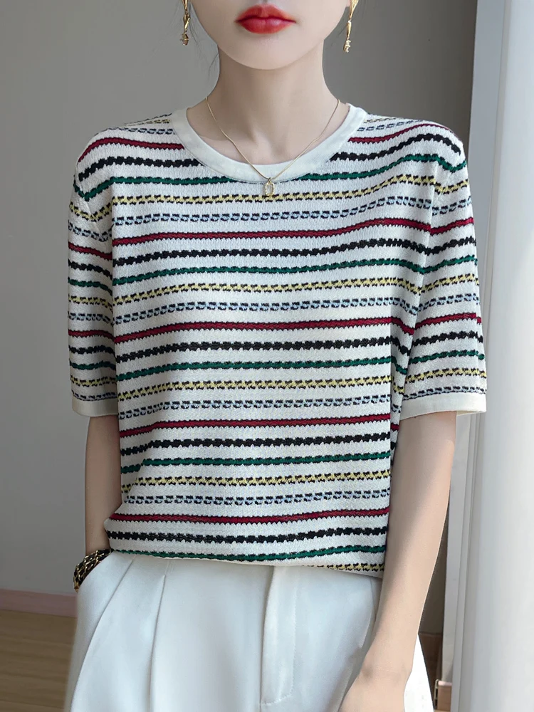 

2025 New Summer Short Sleeve O-Neck T-Shirt Colorful Stripes T-Shirt Cool Tops Women's High Grade T-Shirt Fashion Comfortable T