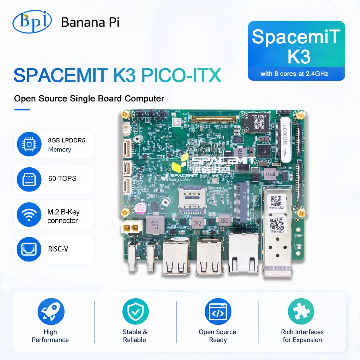 SPACEMIT K3 60TOPS AI SBC Pico-ITX RISC-V Development Board with 8GB LPDDR5 for Robotics, Edge AI & Industrial Applications