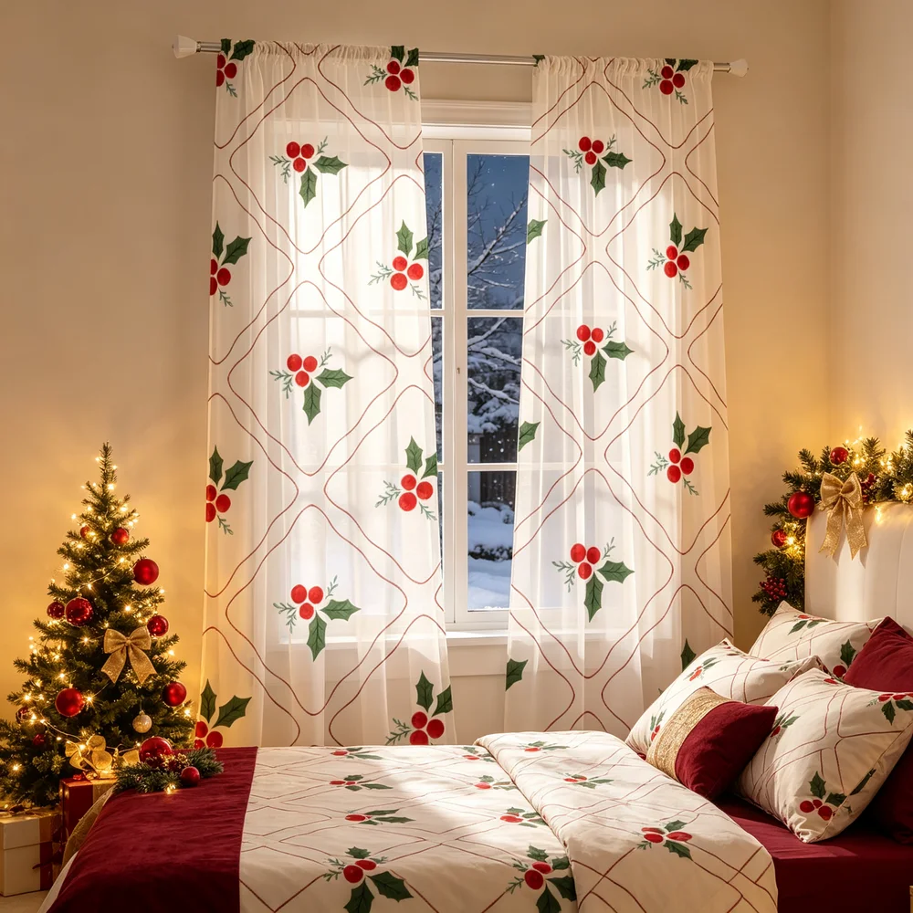 2PCS Christmas Curtains, Red Berries Green Leaves Print, Bedroom Living Room Window Drapes, Rod Pocket Polyester, Home Decor