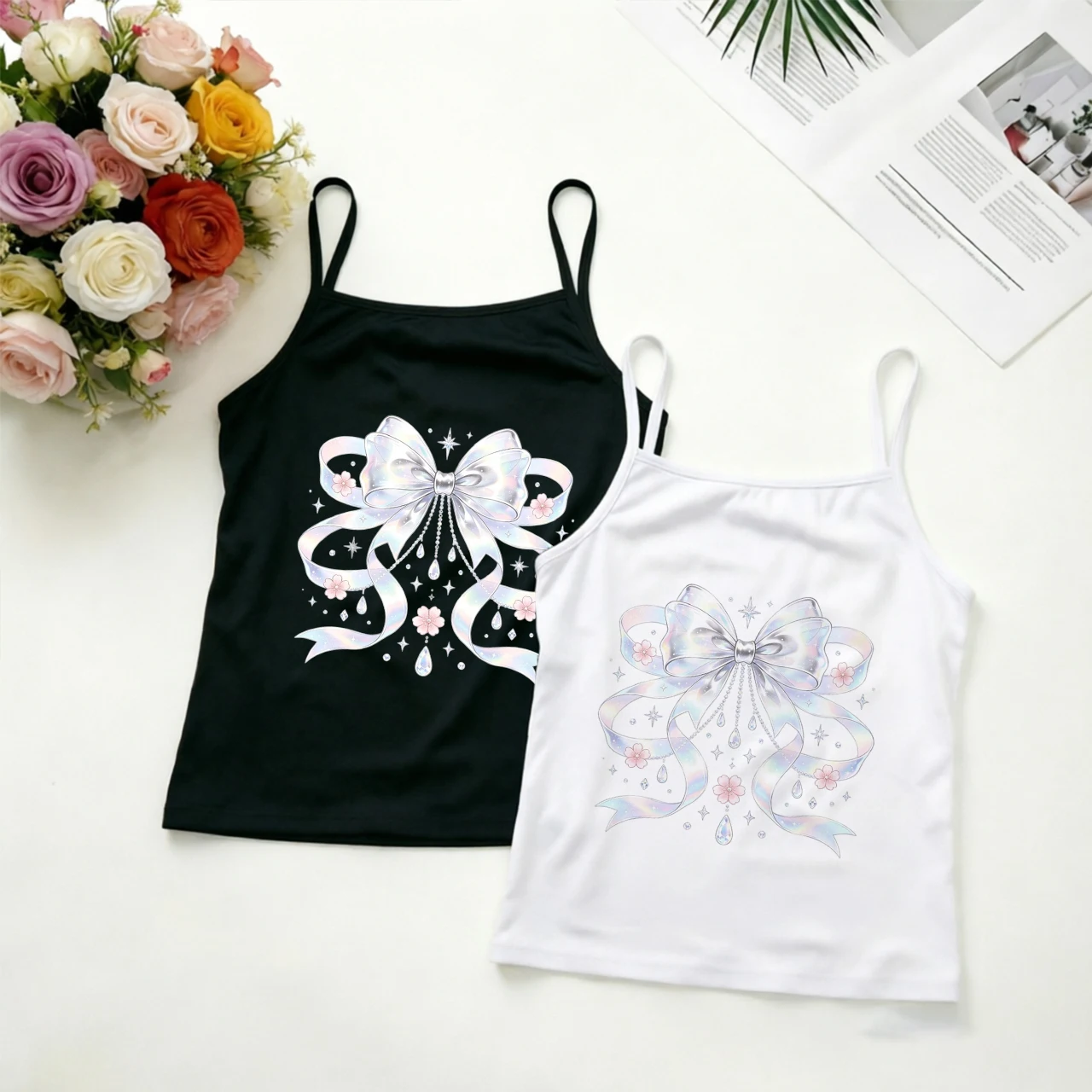 Retro Fairycore Style Print Tank Top for Women Summer Ribbon Pattern Camisole Casual Sleeveless Vest Daily Wear Soft Aesthetic
