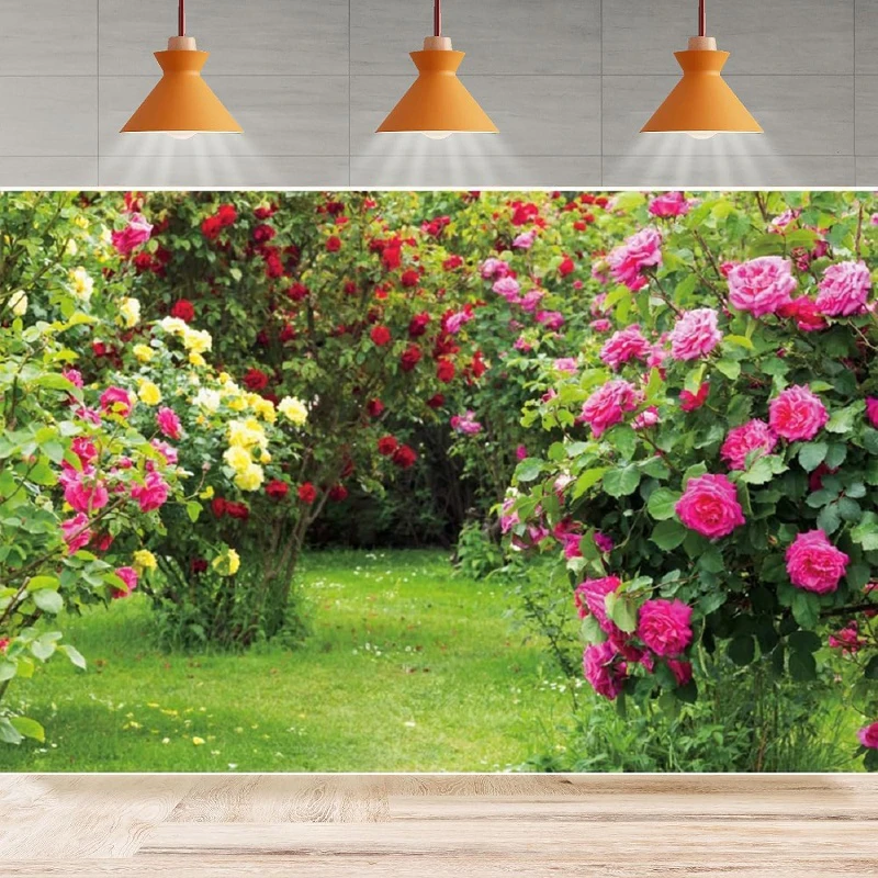 Rose Garden Photography Backdrop Red Pink Rose Flower Green Leaf Grass Nature Landscape Background Party Backdrop Wall Banner