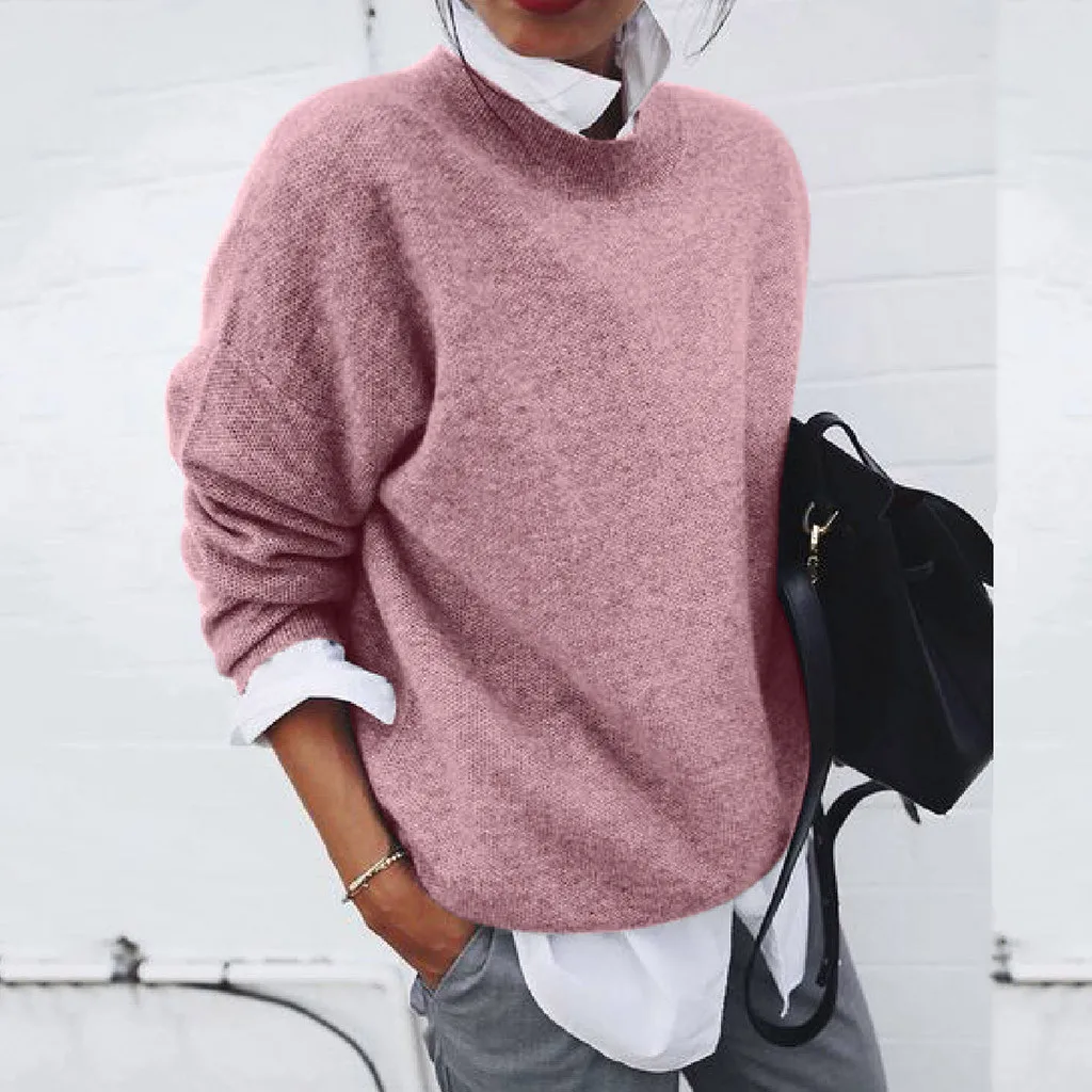 Sweater pulover wanita, atasan kasual hangat nyaman musim dingin, Pullover mode pribadi dua palsu, Sweater Pullover warna polos untuk wanita