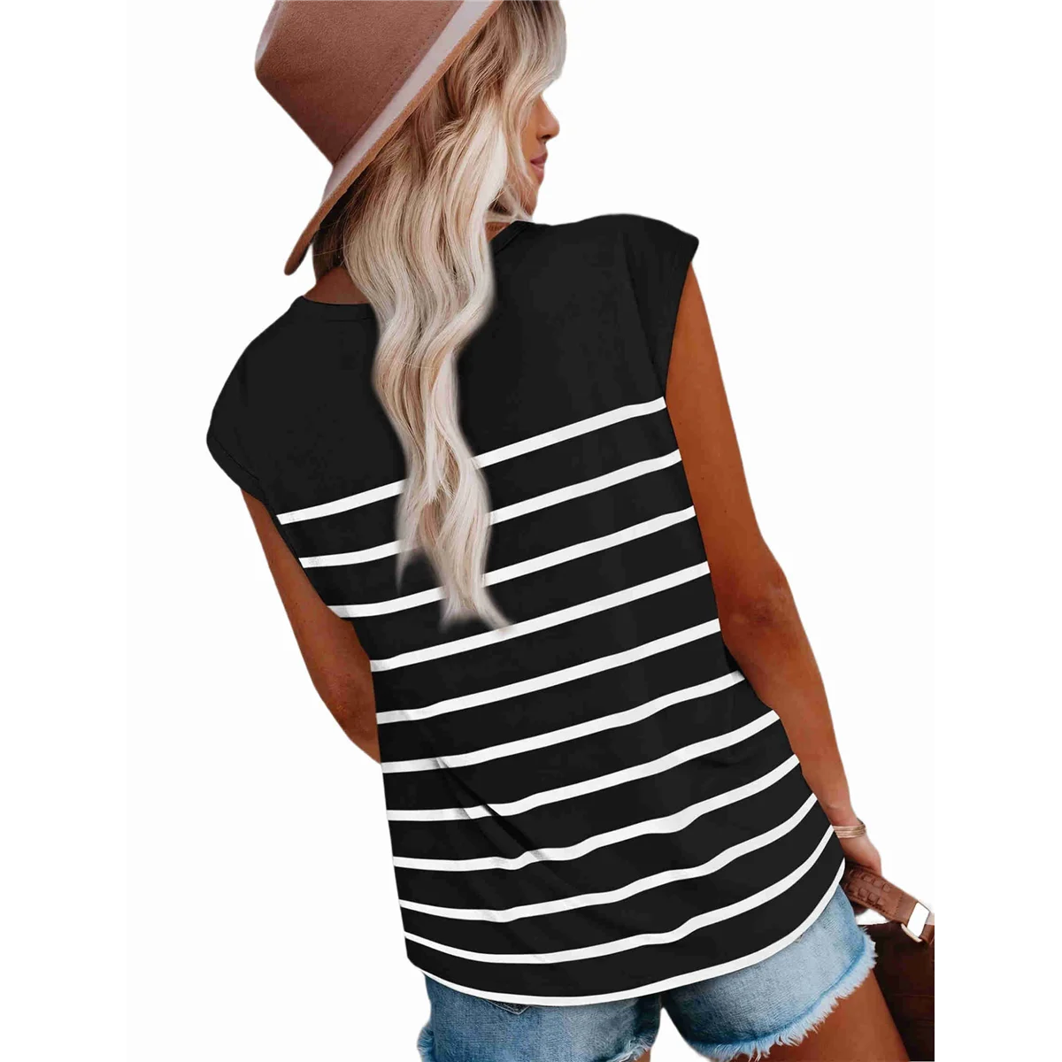 FZFZ Womens Tops Dressy Casual Summer Striped Shirts Cap Sleeve Tops Color Block Loose Fit Black and White M