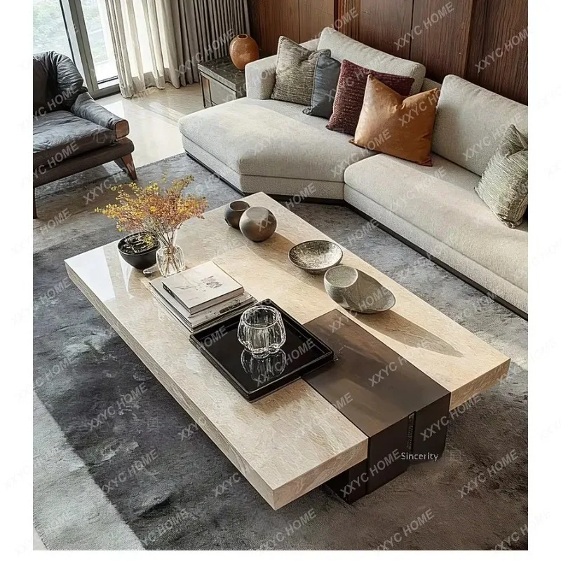 XXWhite Marble Center Table Wear Resistant Solid Stone Tea Table Luxury Style for Hotel Lobby Club Living Room Use