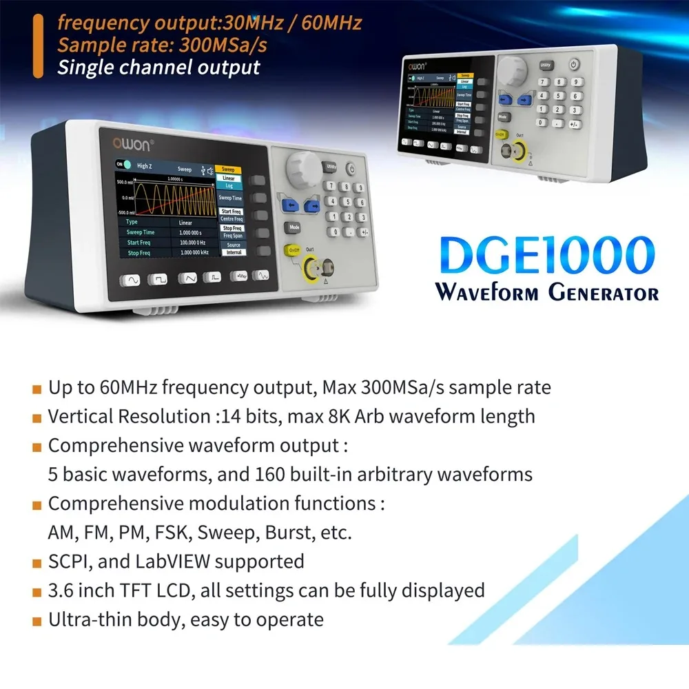OWON DGE1030 Arbitrary Waveform Generator Single Channel 30MHz 1CH 3.6inch Benchtop 14bits Waveform Generator