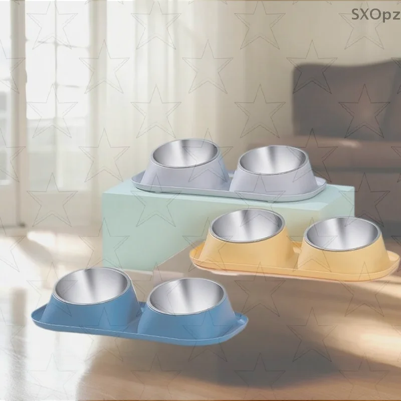 1pc Stainless Steel Double Cat Dog Bowl Cat Food Container Non-slip Base Pet Water Feeder Tilt Safeguard Neck Puppy Cats Bowls