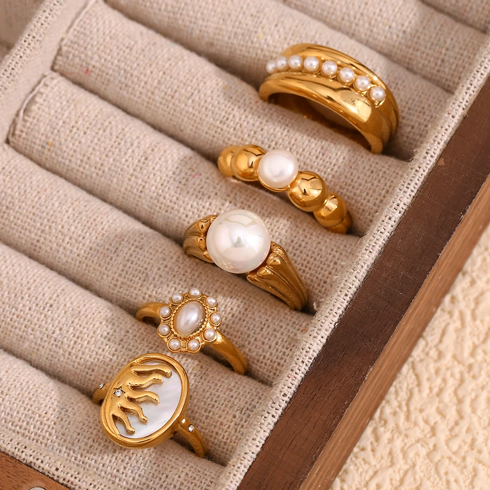 E.B.belle Elegant Imitation Pearl Series Rings 5 Style Stainless Steel 18K Gold Plated Waterproof Hypoallergenic For Women