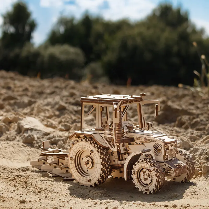 3D Wooden Tractor DIY Assembly Model Kit Movable Mechanical Gear with Plow Attachment Handmade Farm Vehicle Puzzle Gift Toy