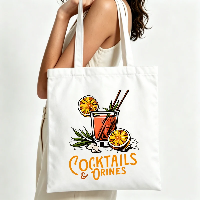 Women's cocktail graphic canvas tote bag with citrus print, ideal for casual outings and summer gatherings
