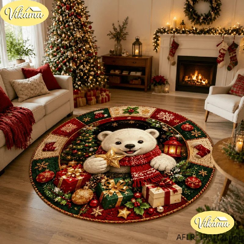 VIKAMA Christmas Elf Patchwork Round Area Rug Anti Slip Absorbent Floor Mat for Living Room Entryway Holiday Home Decor