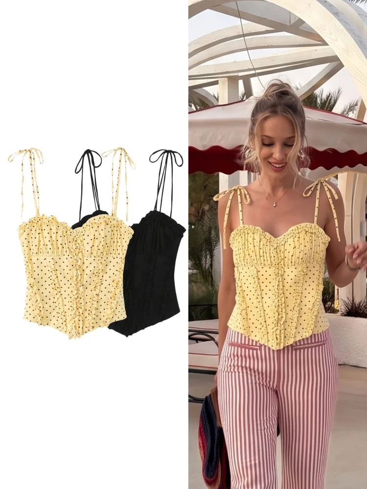 HH Women Summer Elegant Polka Dot Camisole Tie Shoulder Straps Slim Fit For Holiday Dinner Date Party Vacation Travel Wear