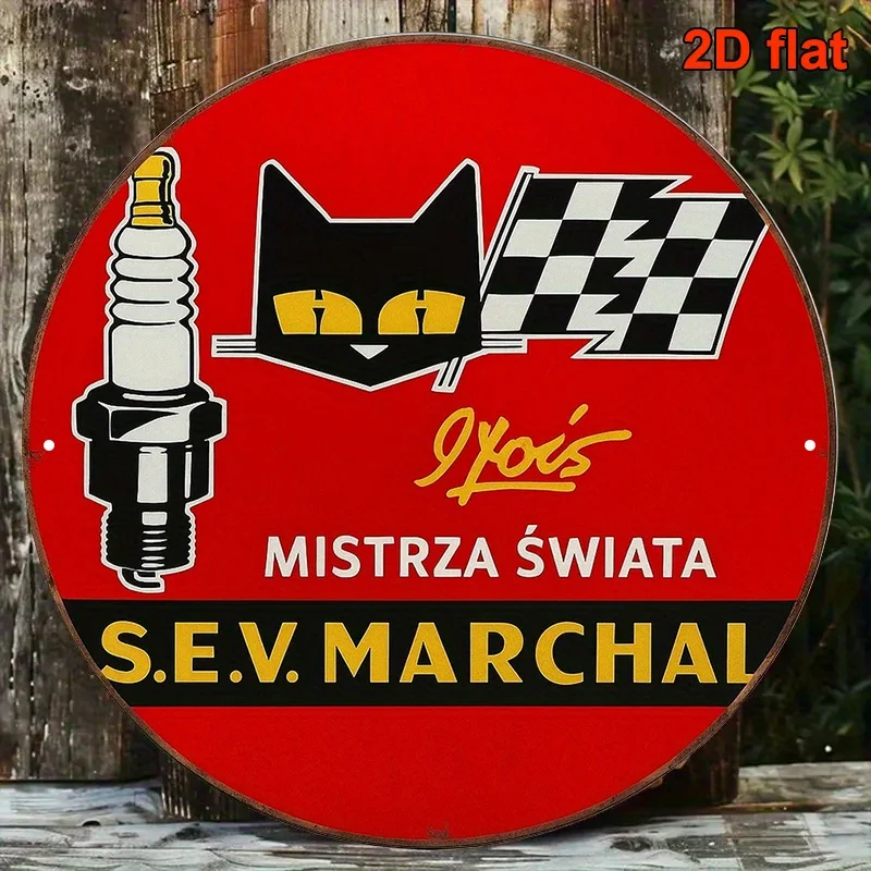 2D Flat, 1pc S.E.V. Marchal Vintage Racing Poster -  Garage Decor with Black Cat, Ignition Spark Plug, and Checkered Flags