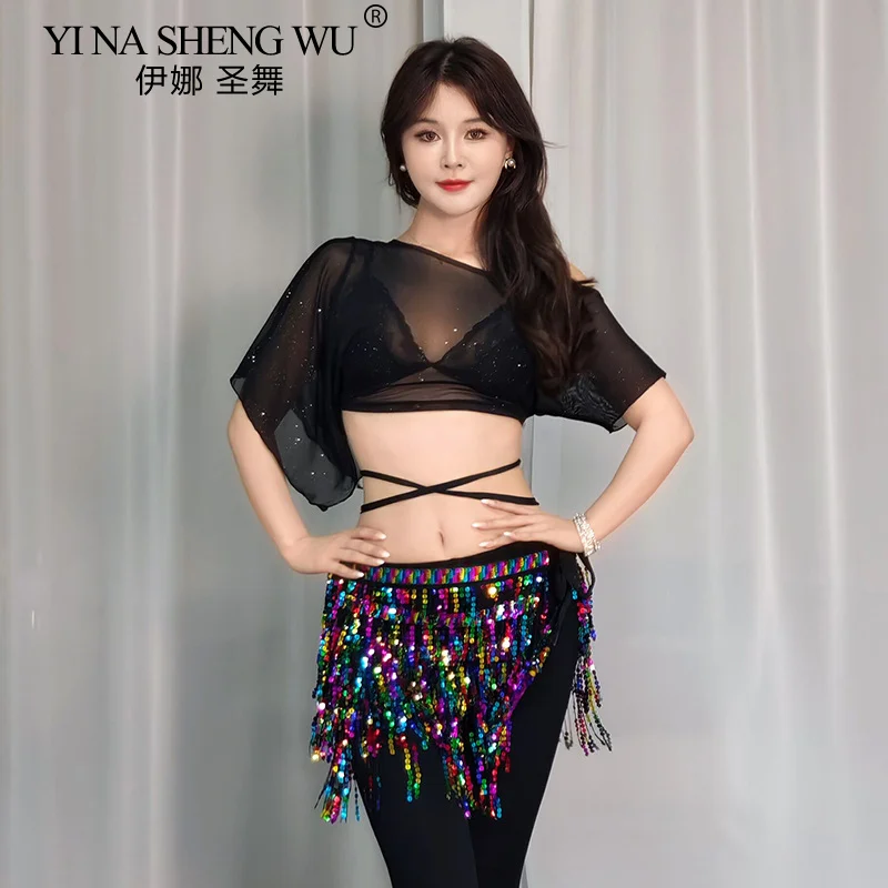 قمة زي الرقص الشرقي للنساء ، شبكة ، أكمام قصيرة ، بدلة تدريب ، قمم مطرزة محترفة ، رقص شرقي ، مثير