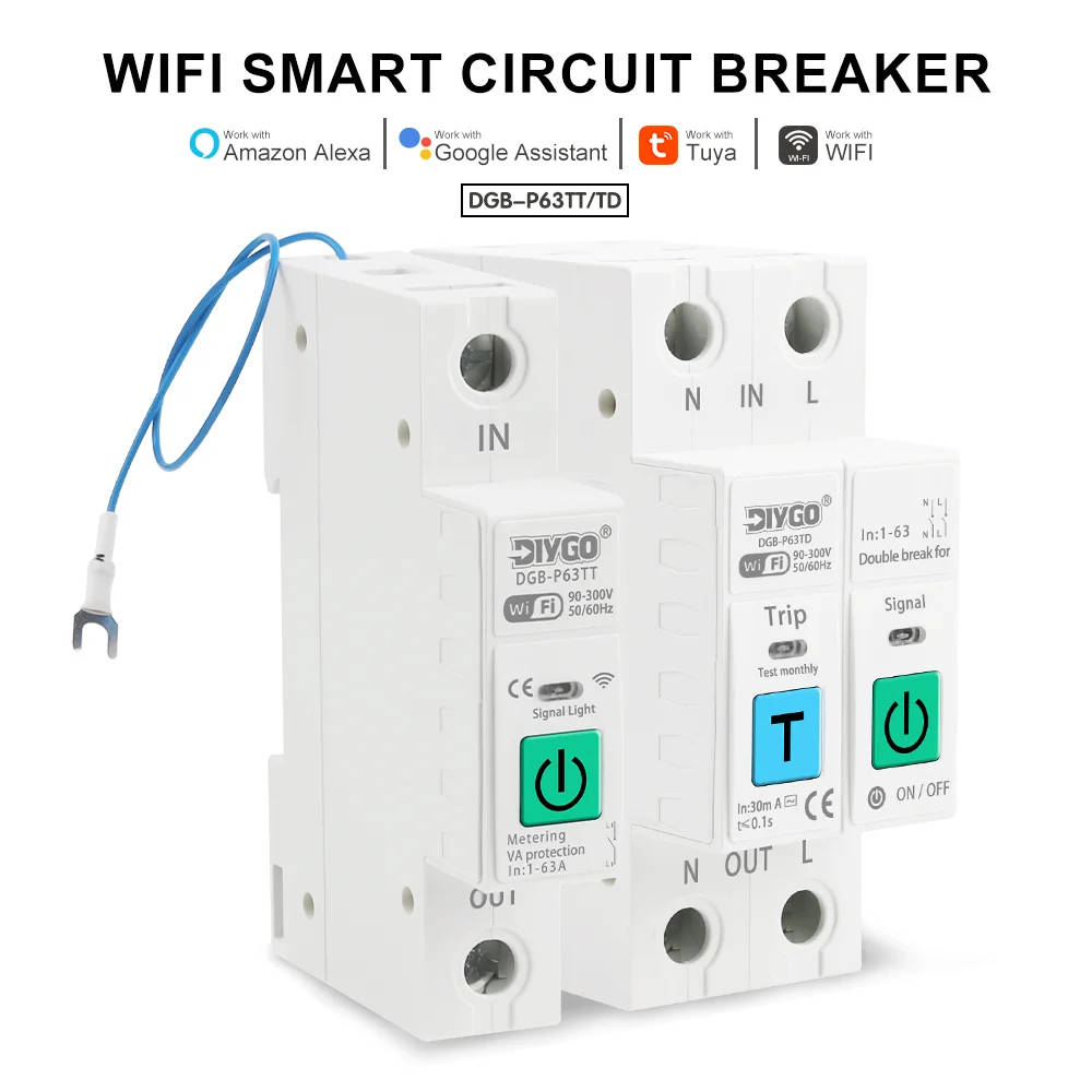 1P+N/2P Tuya Smart WIFI Metering Breaker Over/Under Voltage Overload Protection Remote Control Timer Switch 1-63A Adjustable