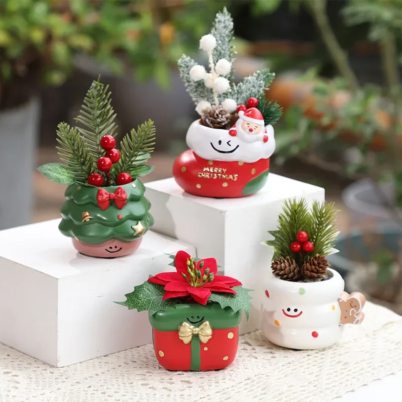 Christmas Succulent Planter Resin Decorative Pot Festive Greenery Container Home Tabletop Decor Holiday Gift