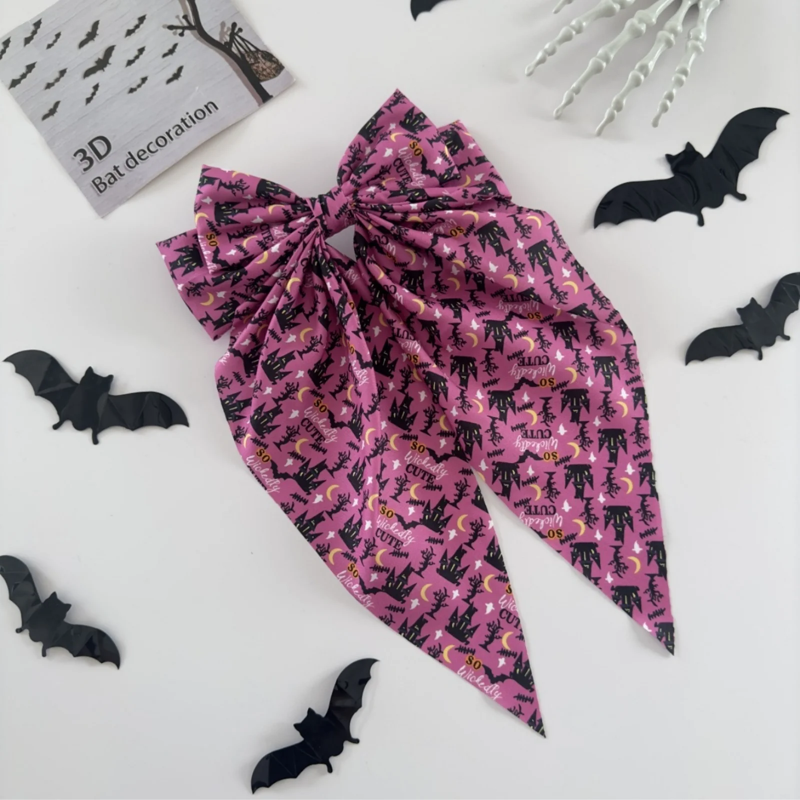 1PC Halloween Damen Lustige Haarspange mit Schleife im dunklen Stil, Haarschmuck mit Totenkopf- und Knöchelmuster, geeignet für den Alltag – Detail 8