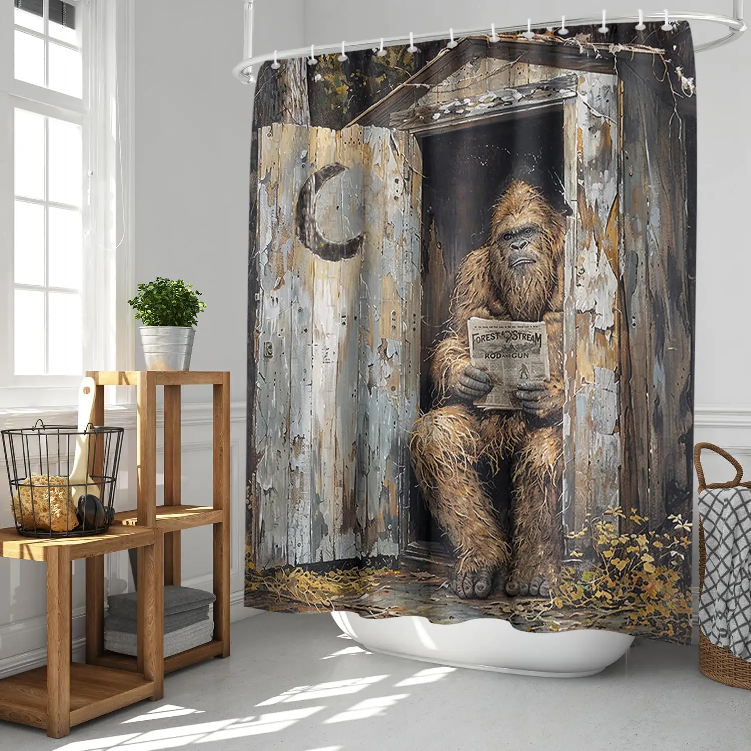 Bigfoot Reading Newspaper in Outhouse Shower Curtain Funny Sasquatch Art with Rustic Cabin Design