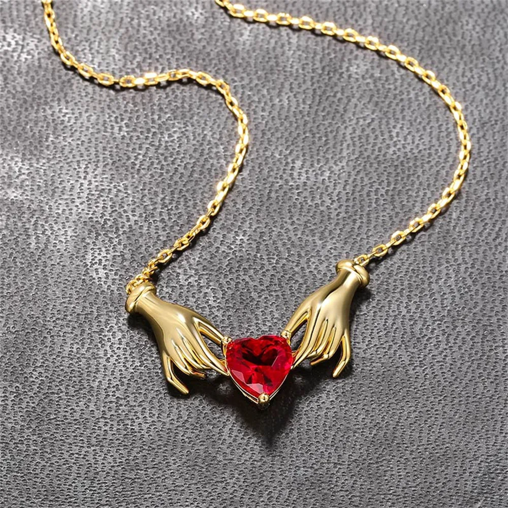 Creative New Hands Red Rhinestone Love Heart Charms Pendant Necklace Jewelry Trendy Alloy Zirconia Choker Necklaces Party Gift