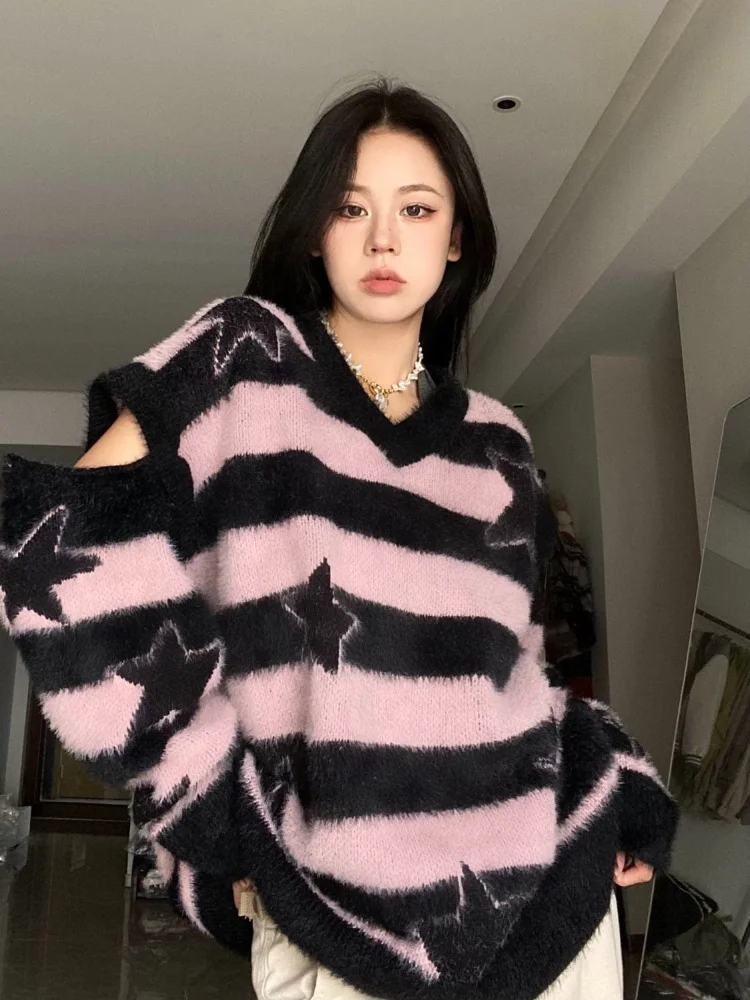 ADAgirl Harajuku Gestreifter Pullover Oversize Y2k Stil Rosa Abnehmbare Ärmel Star Print Pullover Gothic Winter Koreanische Alt Kleidung