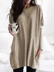 Women's Autumn New Solid Color Long Sleeve Casual Pocket T-shirt Loose Comfortable Round Neck Long Top For Women