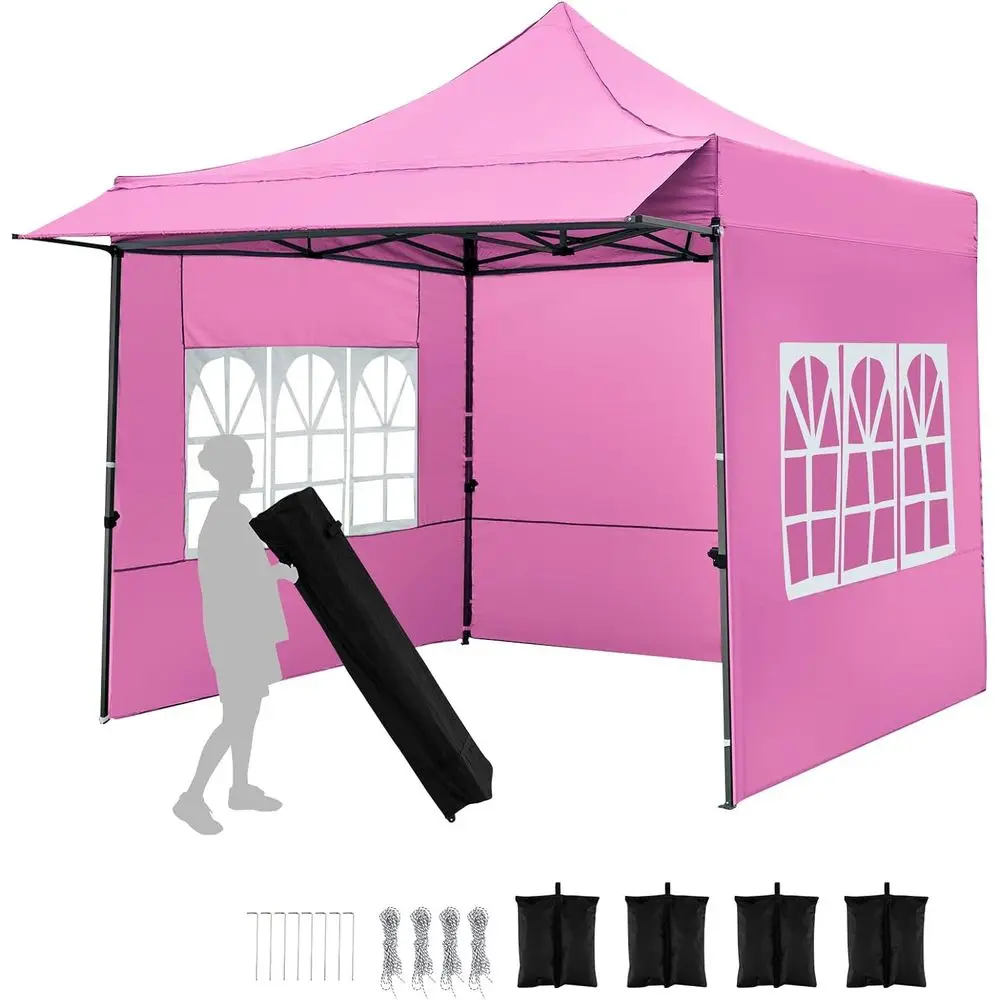 

10x10 Outdoor Party Tent with 3 Sidewalls, Awning, Wheeled Bag, Sandbags, Stakes, and Ropes for Beach, Camping, and Events (Pink