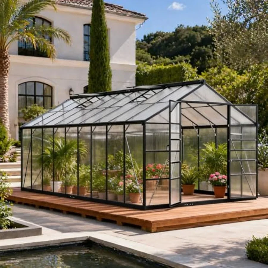 Feet Aluminum Greenhouse, Durable Walk-in Polycarbonate Greenhouse Kit with Adjustable Roof Vent, Easy Assembly Outdoor Garden