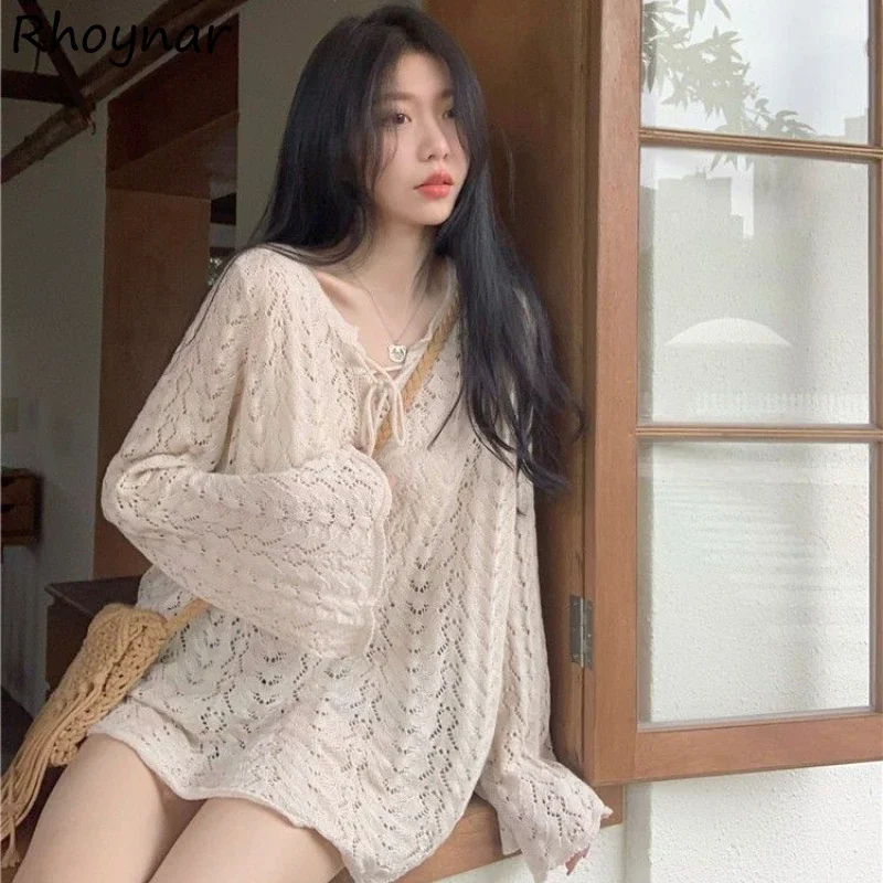 Hollow Out Pullovers Women Lace-up V-neck Spring Vintage Aesthetic Sweaters Holiday Streetwear Fashion Lovely Girlish Thin Knit