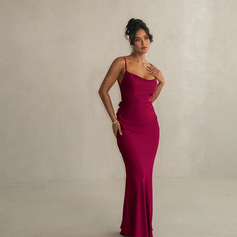 2025 여름 신상 새틴 스파게티 스트랩 백리스 섹시 슬림 이브닝 가운 롱 드레스