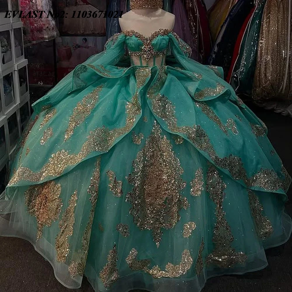 

EVLAST индивидуальное бальное платье Мексиканского шалфея Quinceanera, блестящая золотая аппликация, бант из бисера, сладкий 16, Vestidos 15 Anos E2QA211