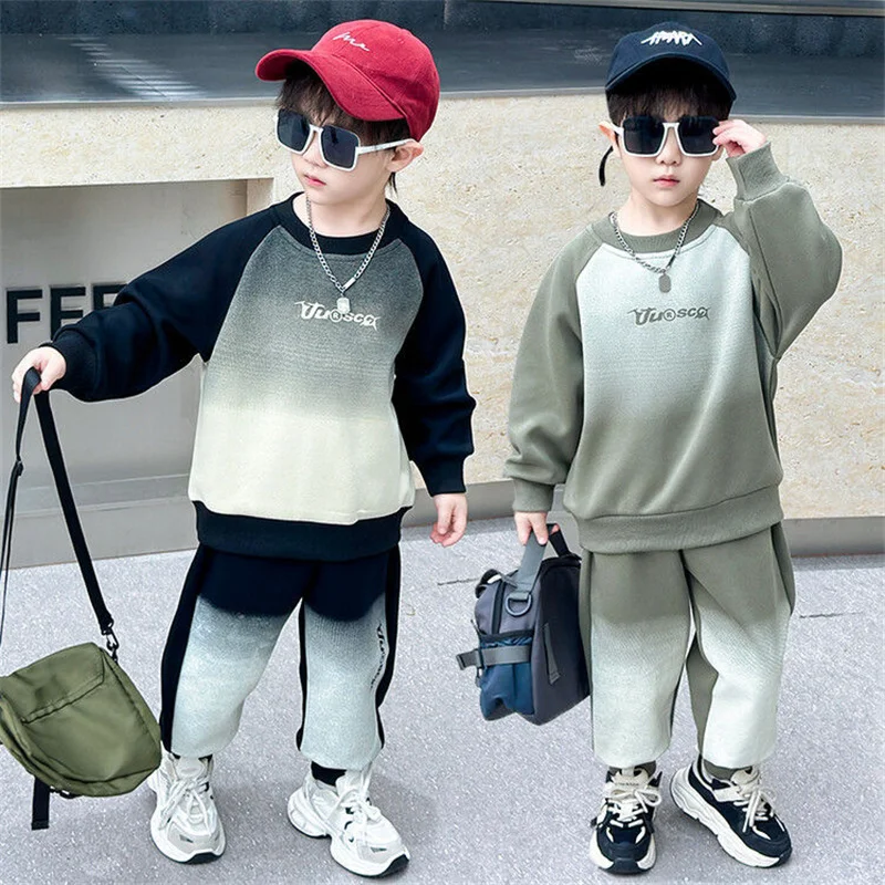 Boys Sweatshirt Sets Children's Sports Suit 2026 Spring Autumn Two-Piece Kids Letters Top Pants Outfit Teenage Gradient Clothes
