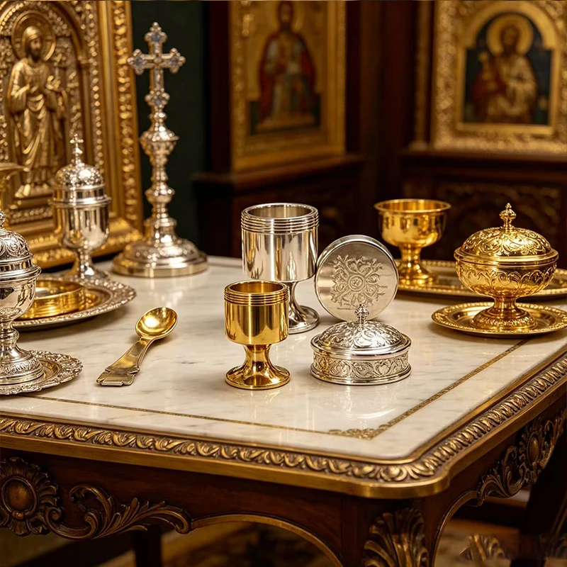 New 2026 Orthodox Travel Chalice with Spoon Mini Gold Silver Metal Holy Oil Jar Portable Communion Set Christian Religious Gift
