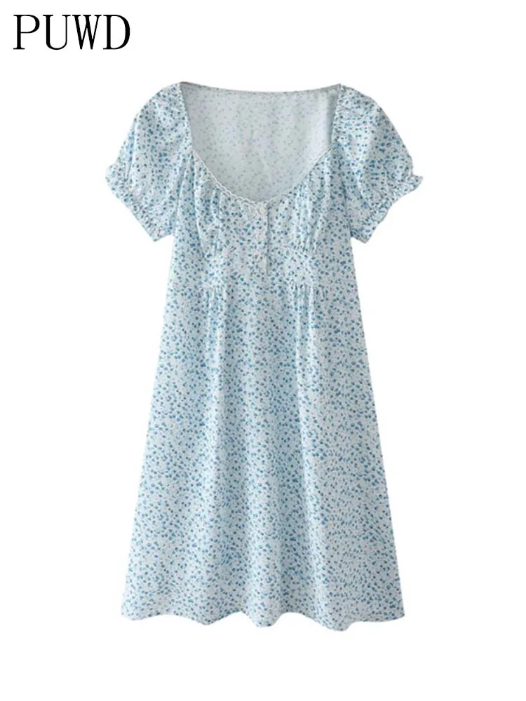 PUWD Sweet Girls Vintage Floral Midi Dress 2022 Summer Fashion Ladies Soft Dresses Blue Doll Collar Cute Women Chic Dress