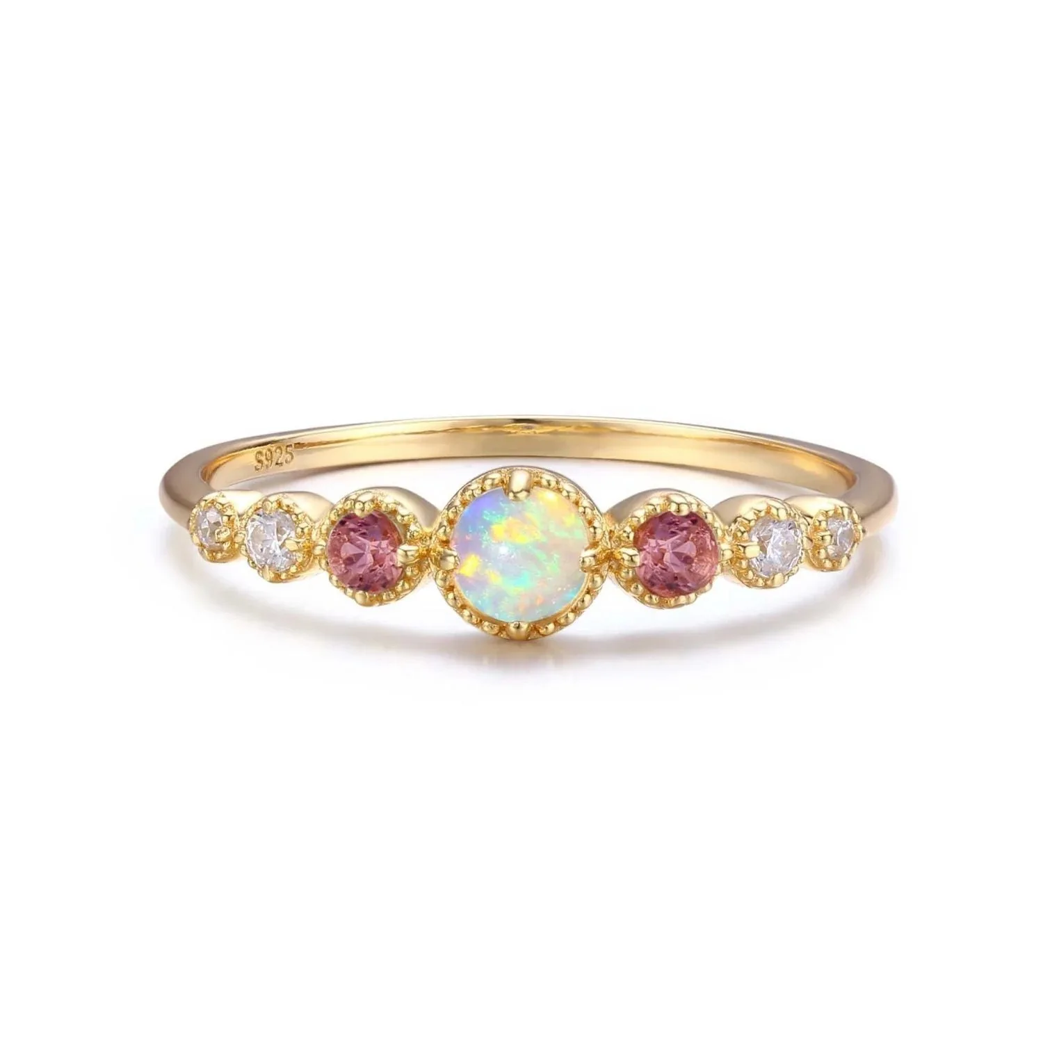 

2026 Chic 925 Sterling Silver Round Brilliant Australian Opal Eternity Finger Band Colorful Fire Opal Ring Jewelry Dropshipping