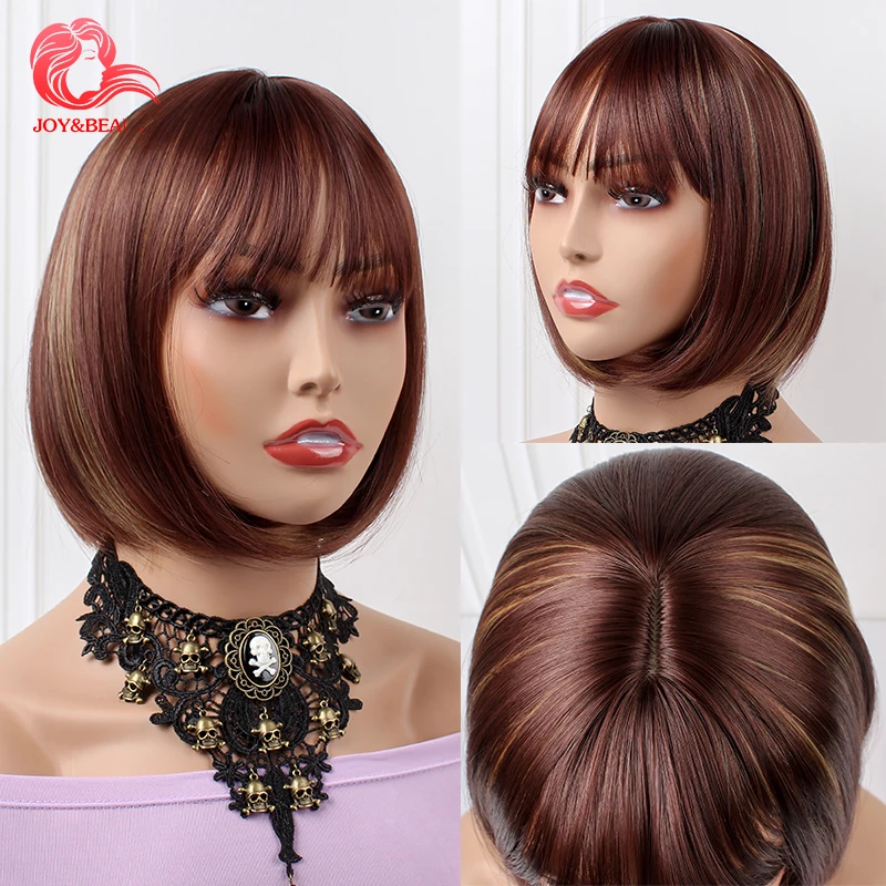 

Brown Short Bob Straight Synthetic Wigs For White Women With Bangs Nutural Heat Resistant Cosplay Lolita 12 INCH Daily Hair