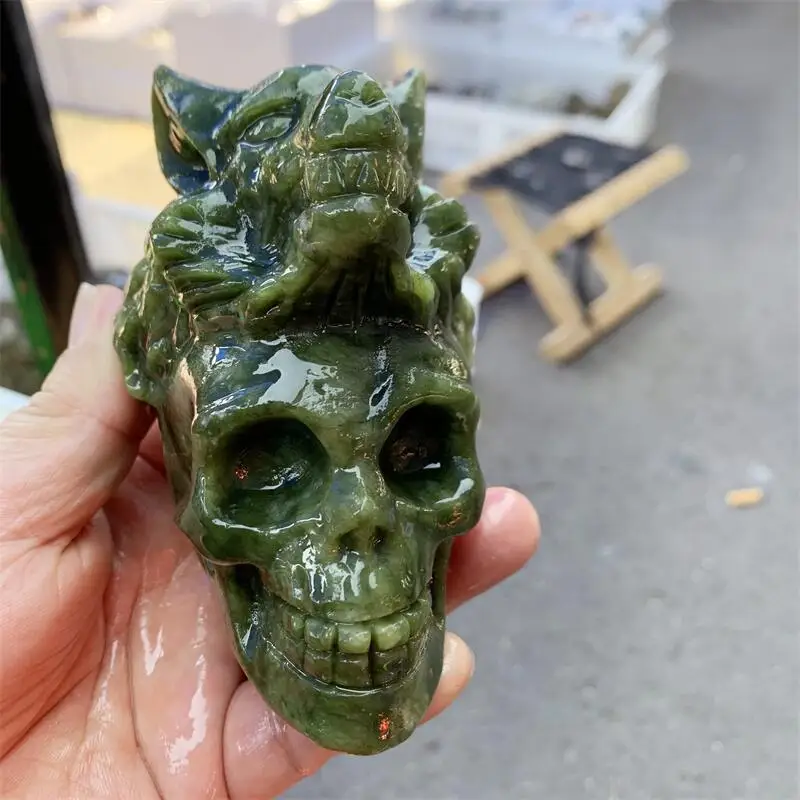

Natural Green Jade Wolf Skull Carving Healing Fengshui Stones Feng Shui Craft Carved For Decor Holiday Gift 1PCS