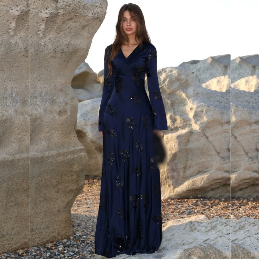 

Customized High Quality Charmeuse Sequined Pleat A-line V-neck Long Dresses Bespoke Occasion Sparkle Sexy