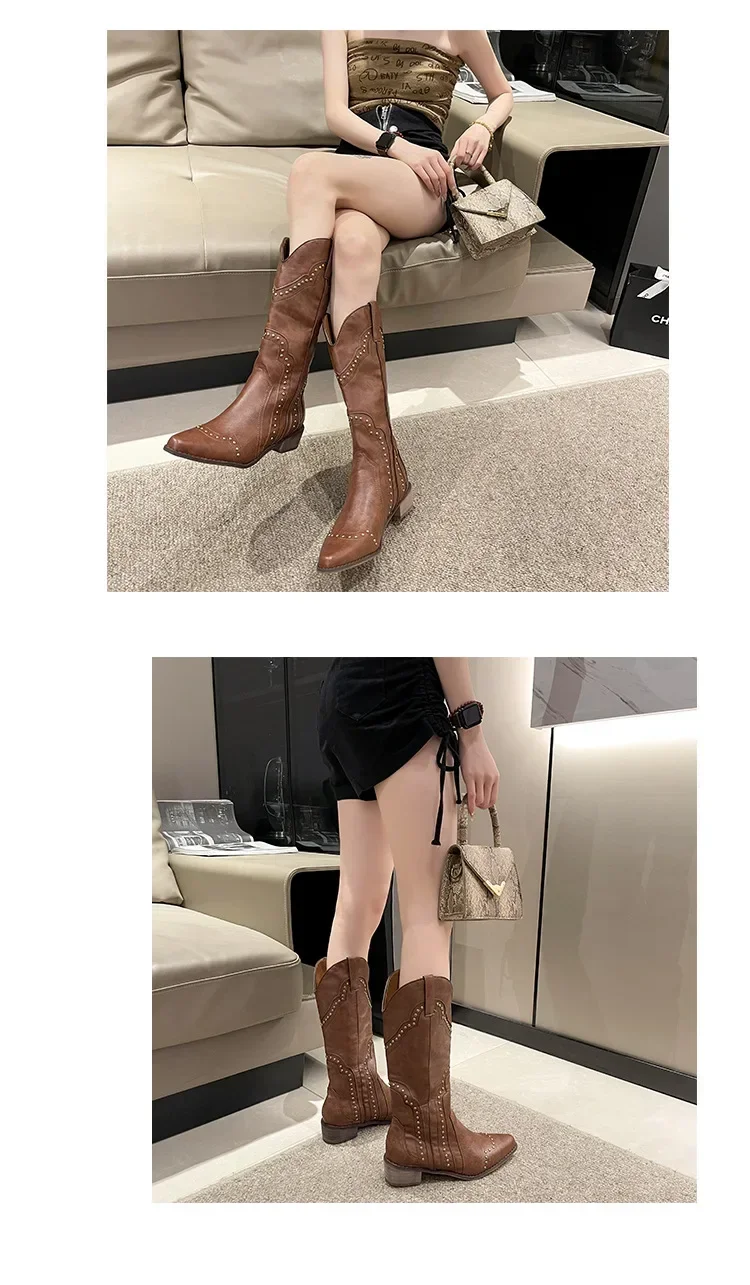 Retro Nieten-Cowboystiefel für Damen 2024 Herbst Klobige Absätze Western-Stiefel Slip-on Spitze Cowgirl-Stiefel – Detail 9