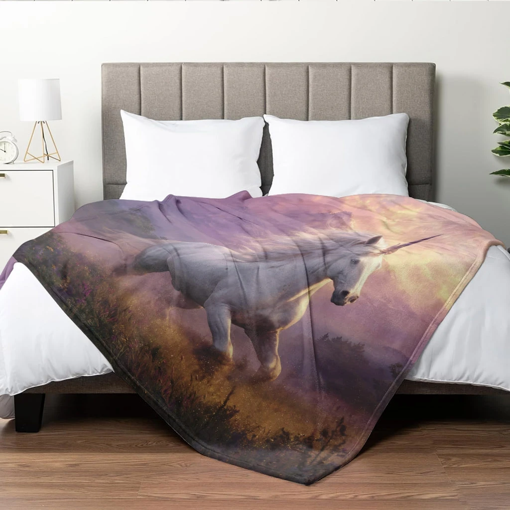 White Unicorn Purple Mountain Sunset Wild Grass Flannel Throw Blanket, Soft Warm Sofa Cover, Fantasy Gift For Bedroom Rest Use