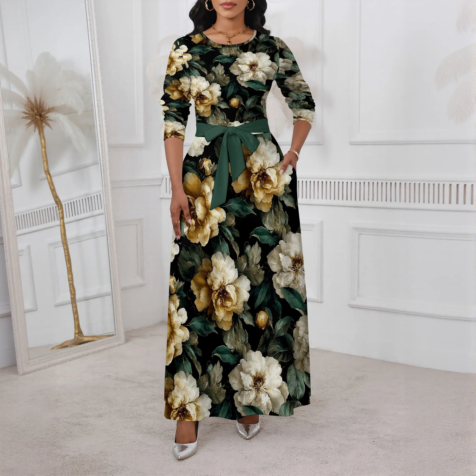

Nupusa Vintage Floral Print Dress for Women Regular Size Summer Casual Round Neck Long Sleeve Maxi Dress
