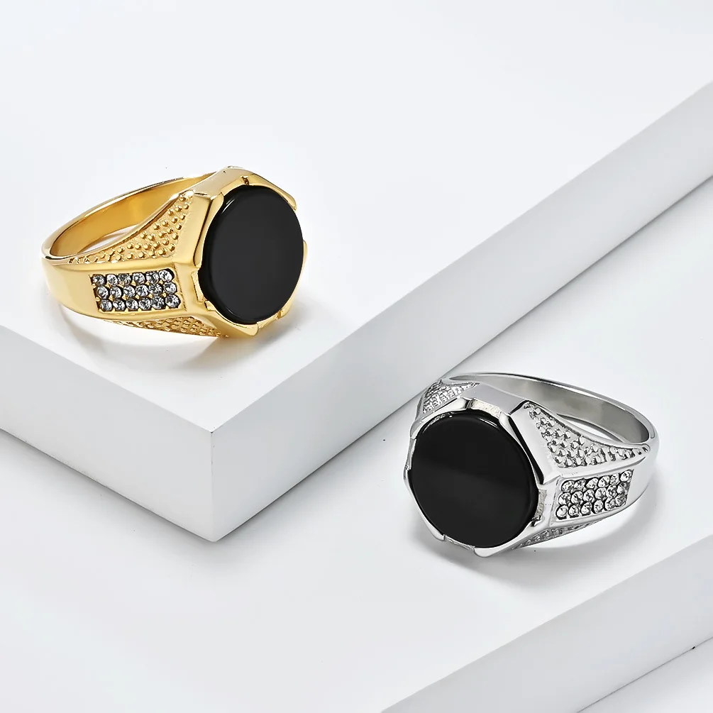 Schwarzer Zirkon Geometrische Ringe Edelstahl Herren Personalisierter leichter Luxus Mode Ring Charm Schmuck – Detail 6