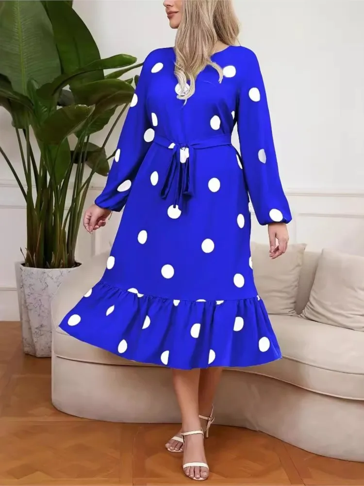 Plus Size Polka Dot Print Autumn Dress Women Loose Ruffle Pleated Fashion Ladies Dresses Long Sleeve Casual Woman Midi Dress