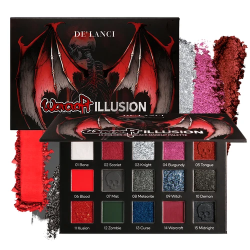 DE'LANCI Paleta de sombras de ojos rojas y negras, maquillaje gótico de sombra de ojos roja de 15 colores, paleta de sombras de ojos con brillo plateado gris, Burdeos